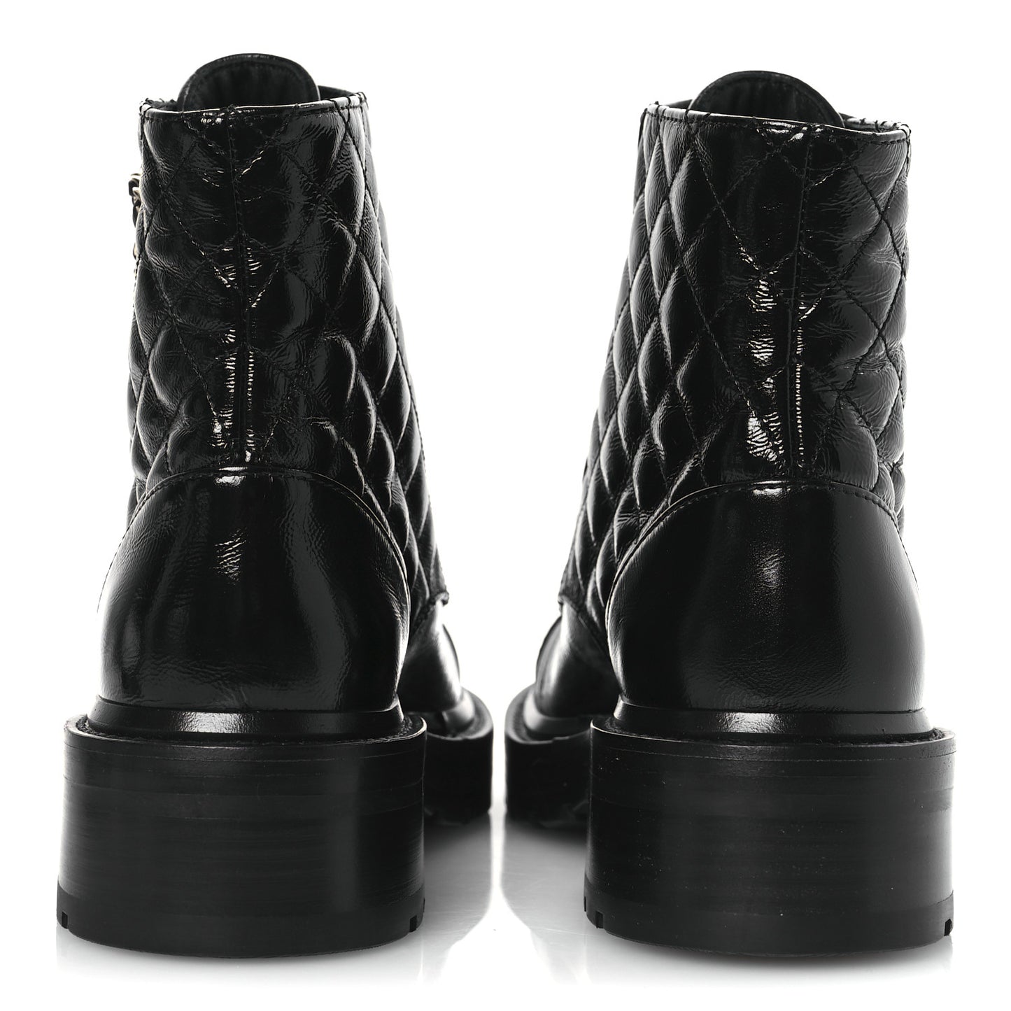 Shiny Calfskin Quilted Lace Up Combat Boots 36 Black