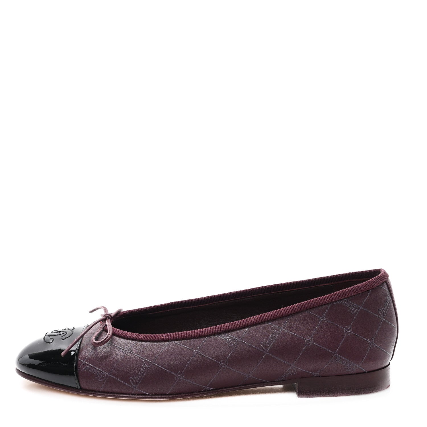 Chanel Printed Lambskin Patent CC Cap Toe Ballerina Flats 38 Burgundy Black 1 of 9