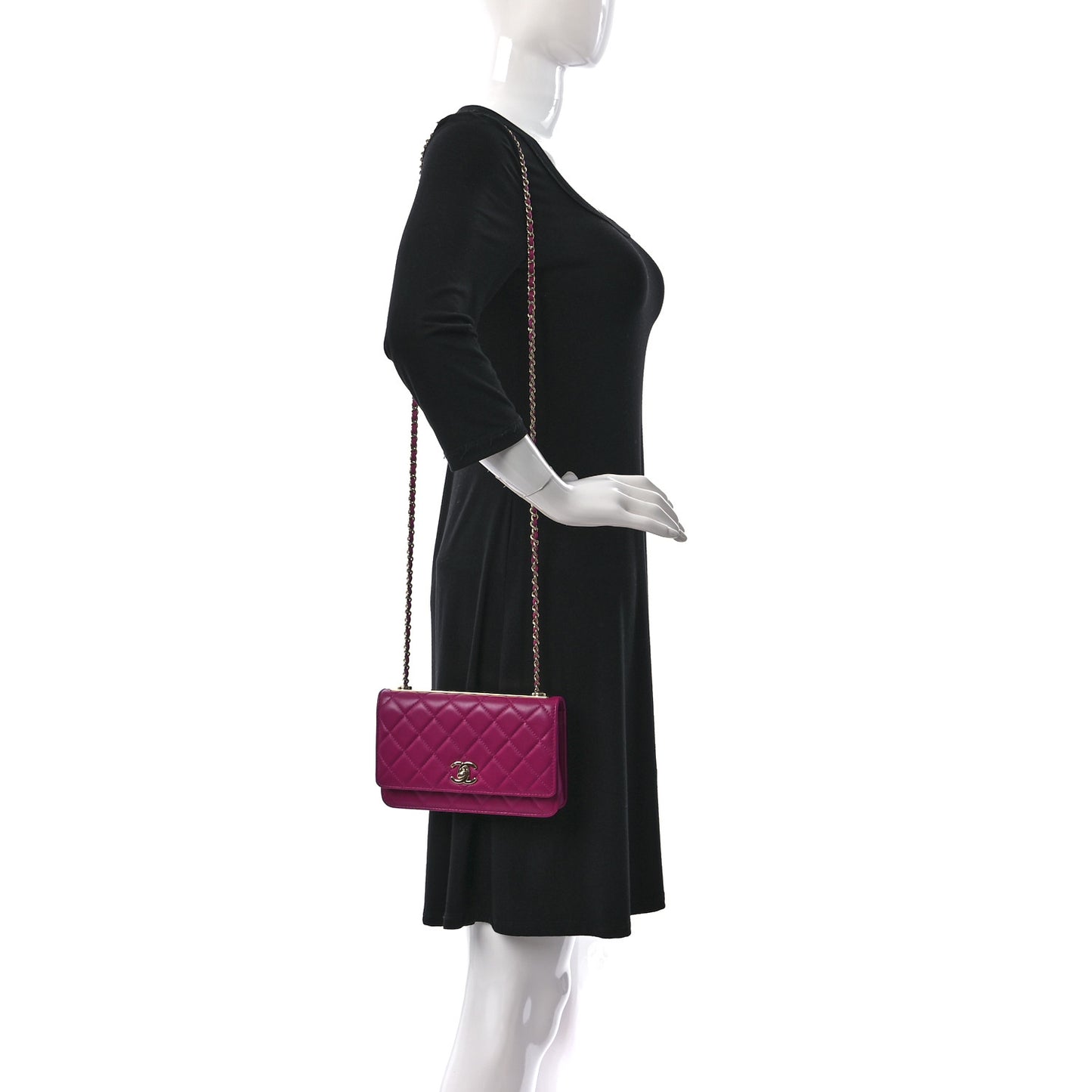 Lambskin Quilted Trendy CC Wallet On Chain WOC Dark Pink