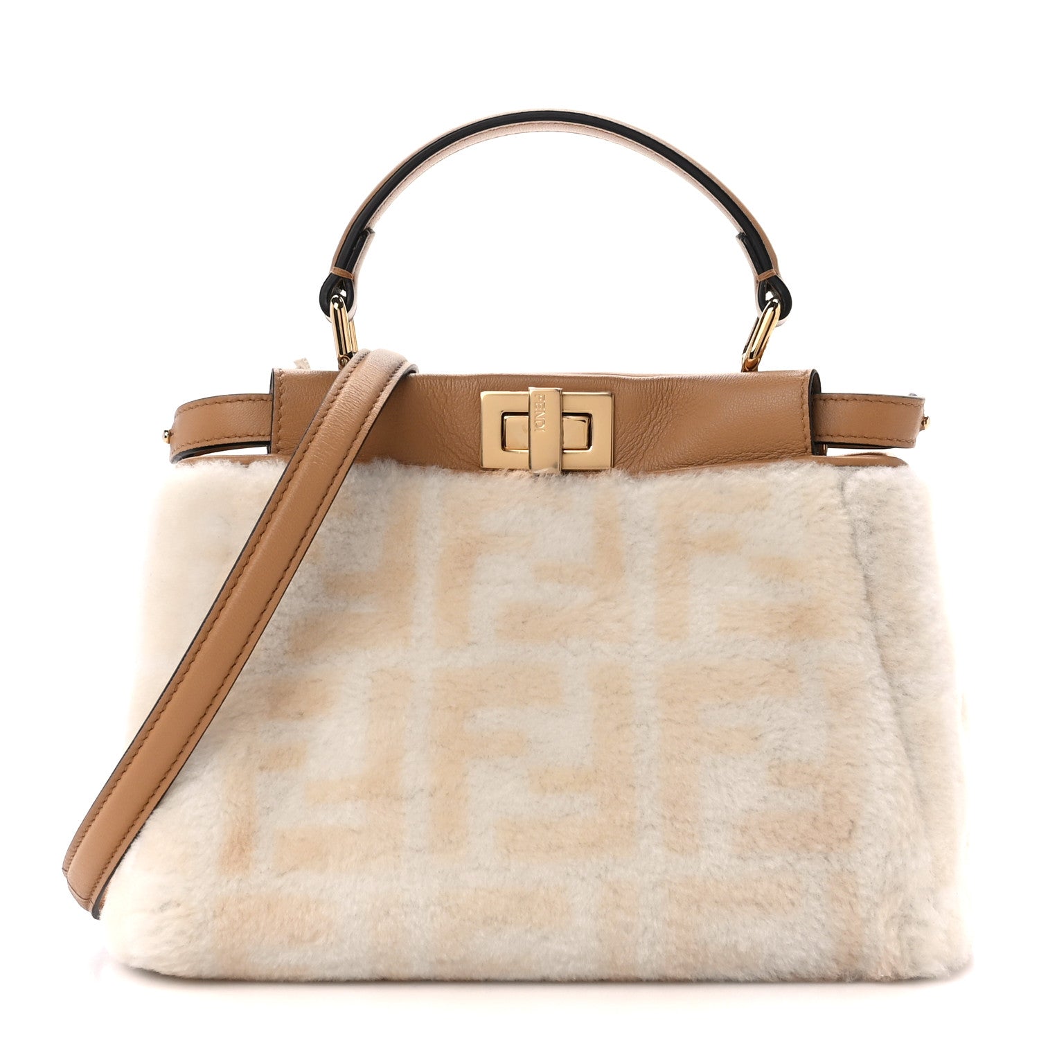 Fendi Shearling Nappa Macro FF 1974 Mini Peekaboo Iconic Satchel White Ice Cuoio Miele Scuro 1 of 11