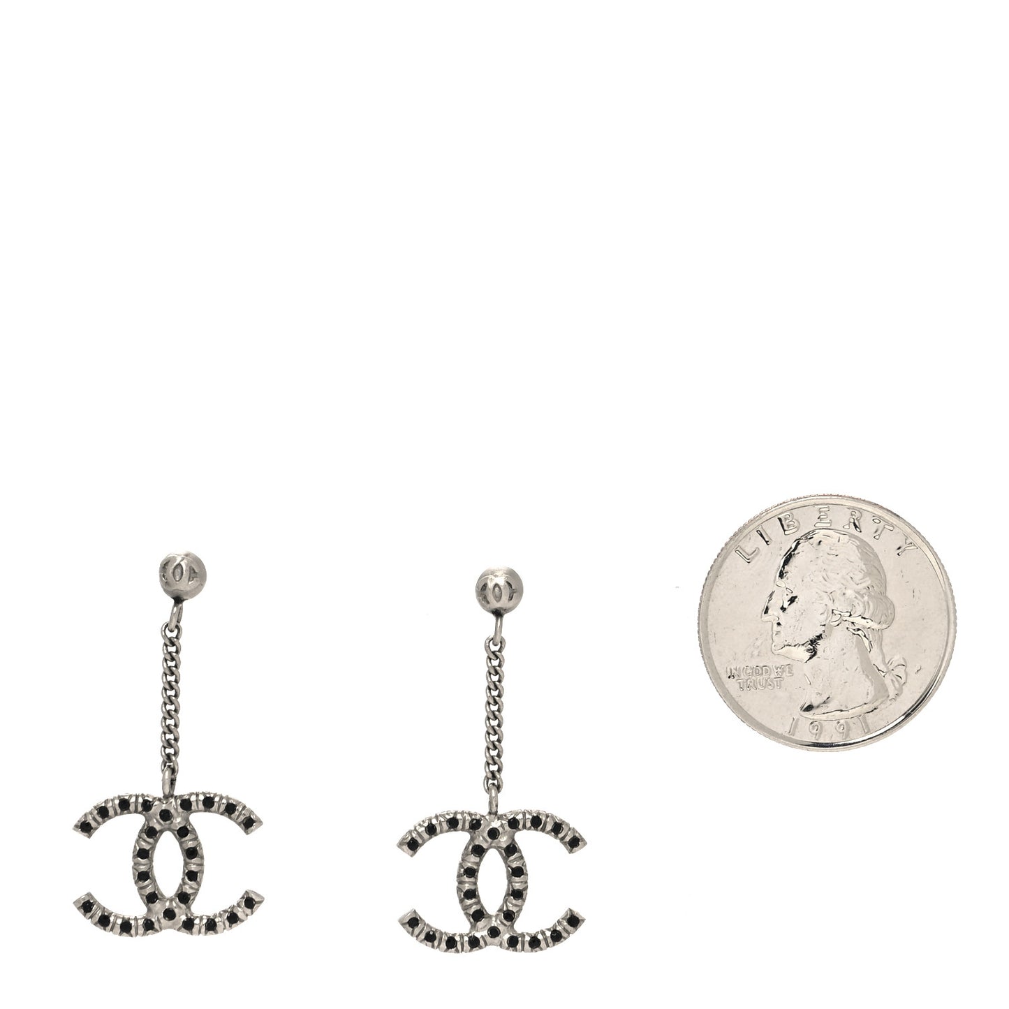 Crystal Chain CC Drop Earrings Silver Black
