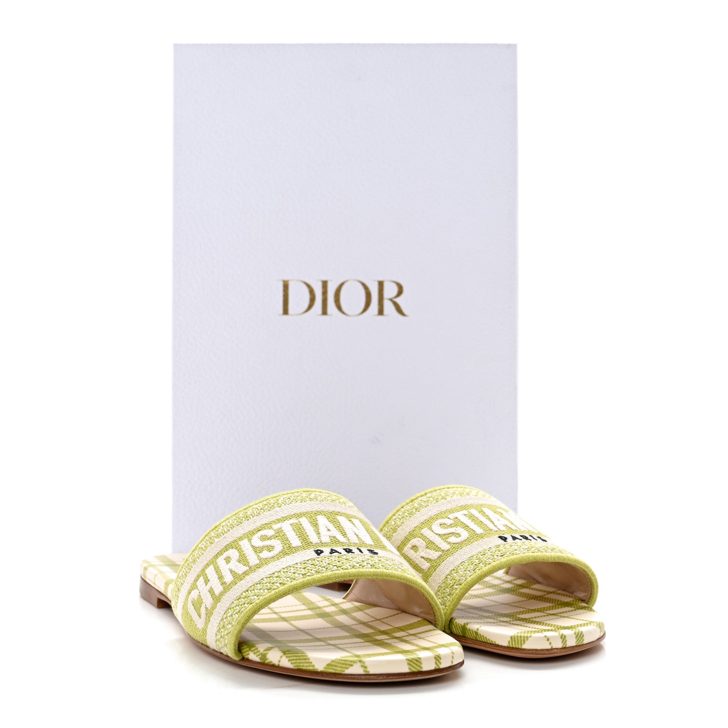 Christian Dior Canvas Check'N'Dior Pop Embroidered Dway Flat Slide Sandals 35 Chartreuse 10 of 10
