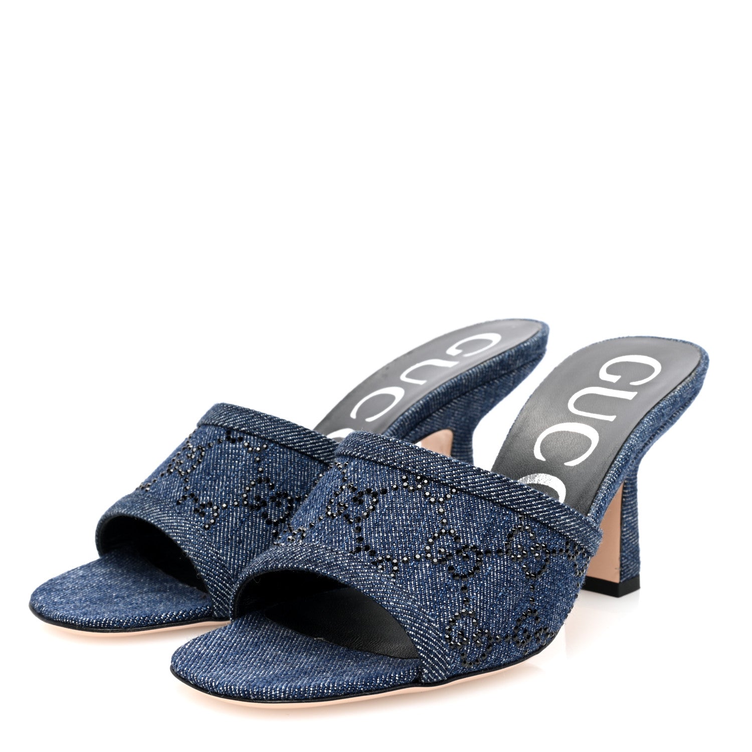 Gucci Denim Crystal GG Monogram Mules 35.5 Blue 3 of 8
