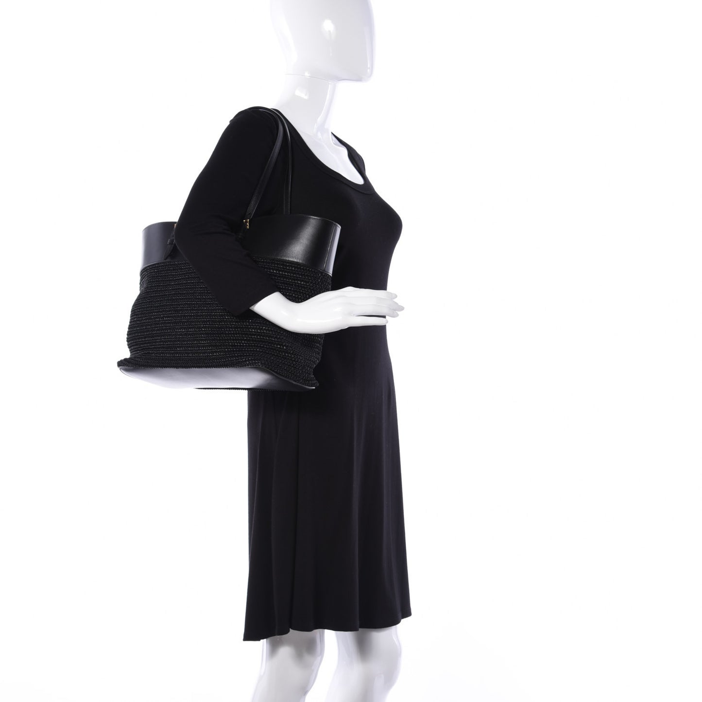 Calfskin Raffia Medium Shopper Tote Black