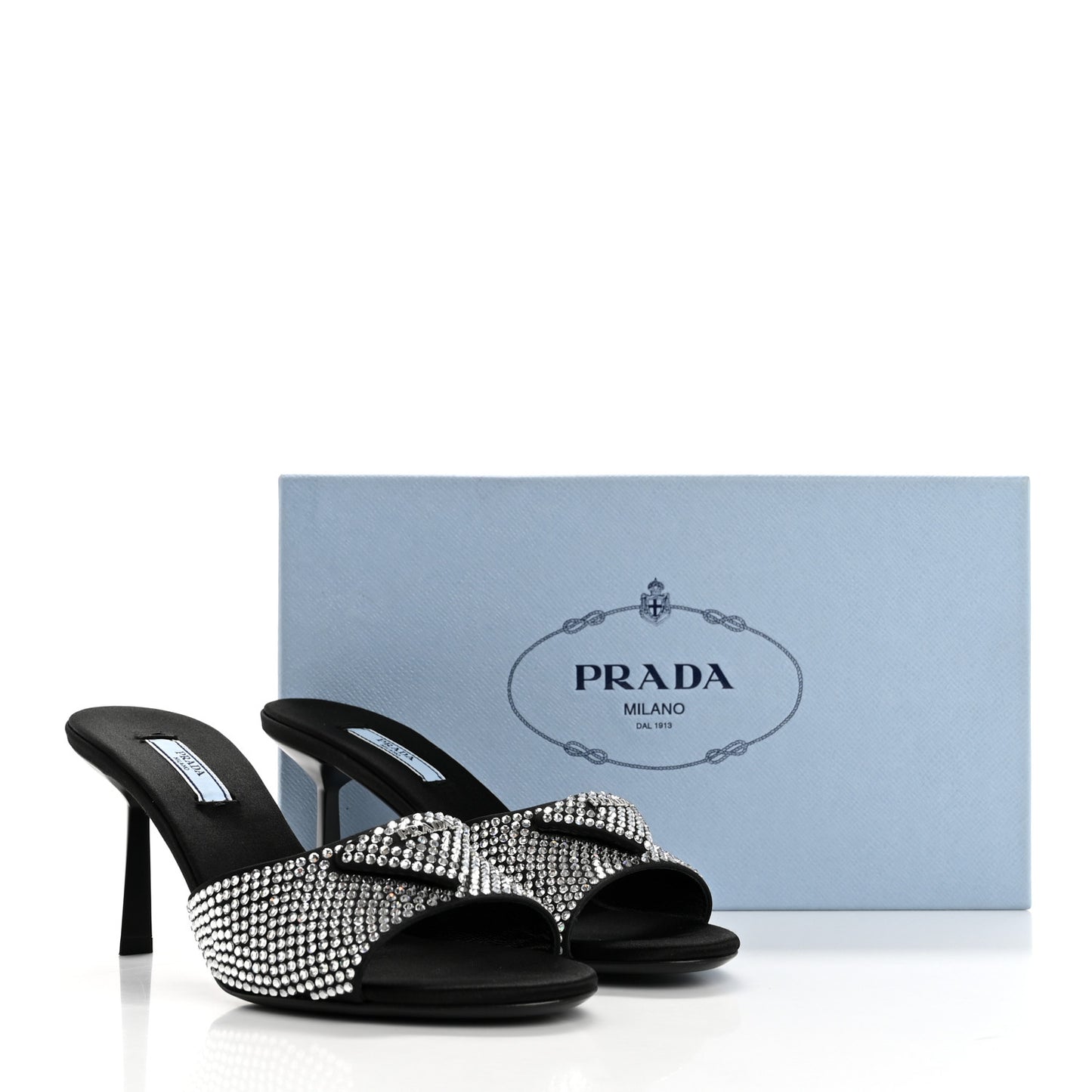 Satin Crystal Logo 65mm Slide Sandals 38 Cristal