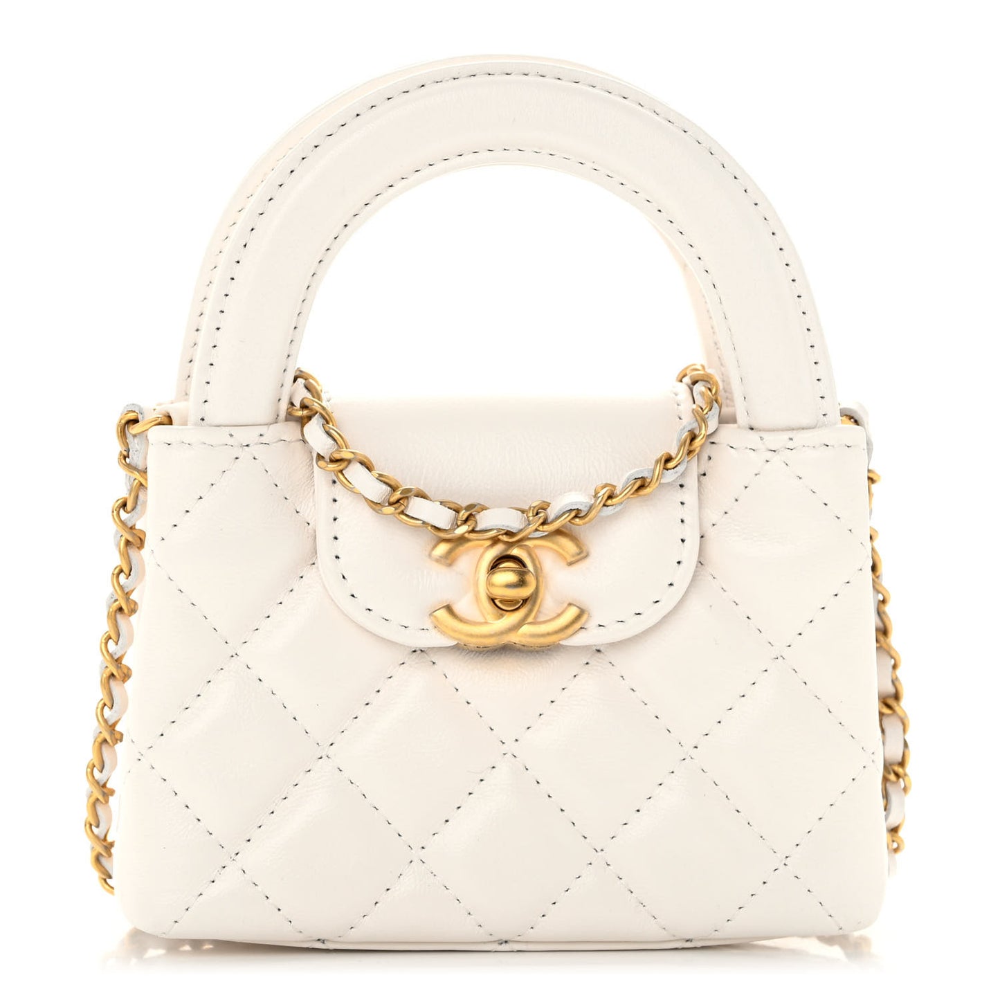 Shiny Aged Calfskin Quilted Mini Nano Kelly Shopper White
