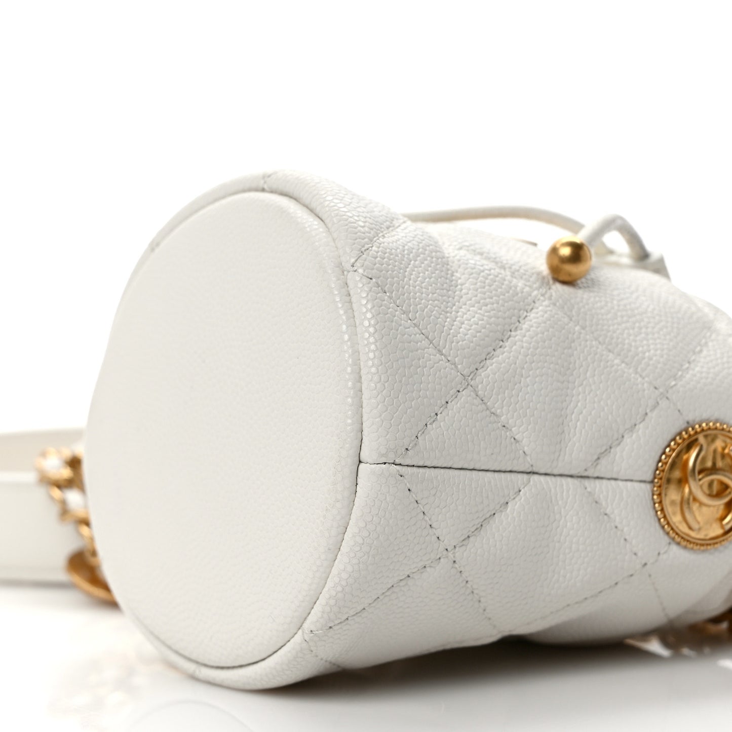 Caviar Quilted Twist Your Buttons Mini Bucket Bag White