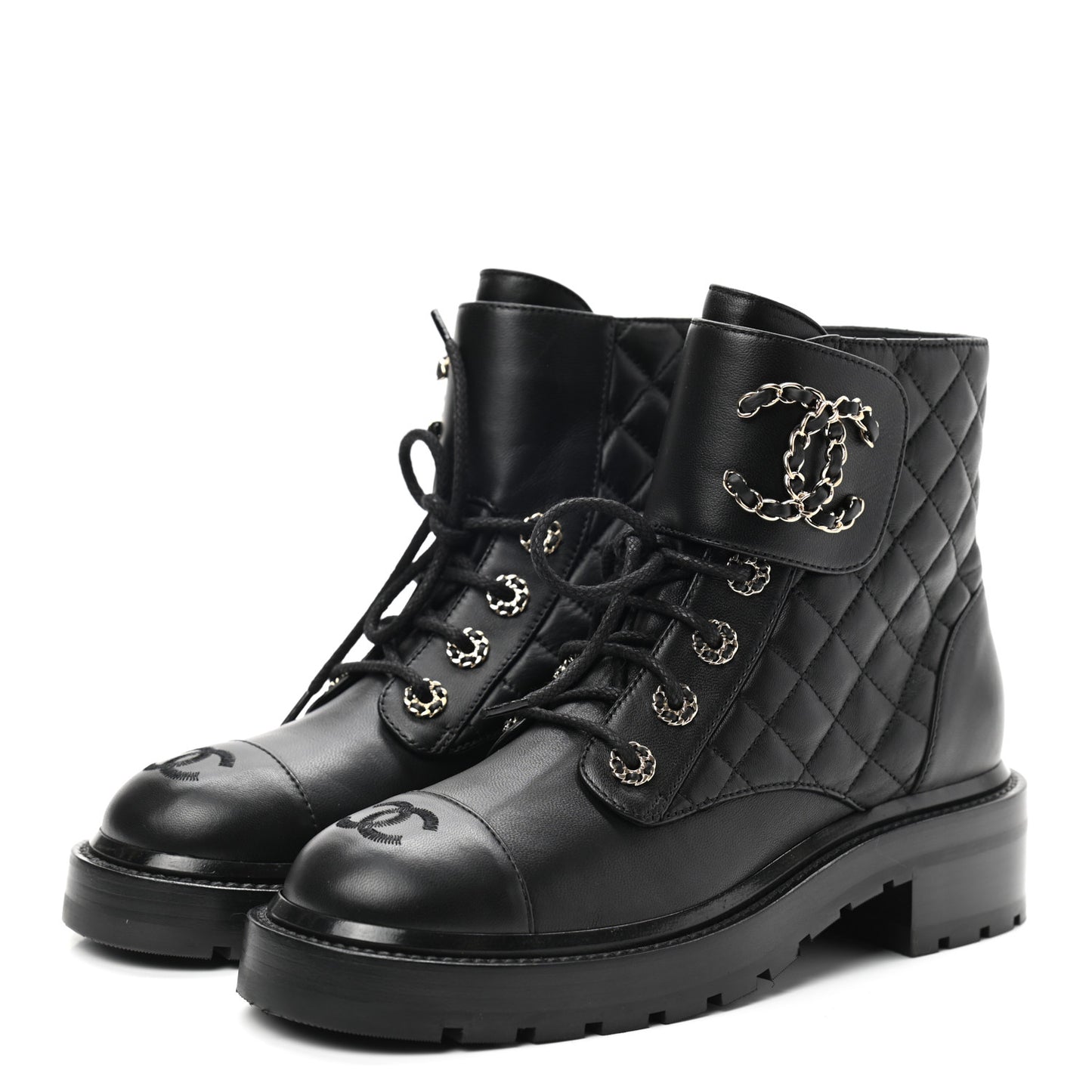 Shiny Lambskin Quilted Lace Up Combat Boots 37 Black
