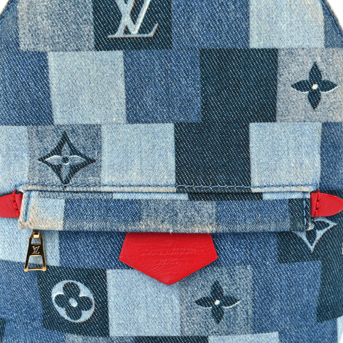 Denim Damier Monogram Patchwork Palm Springs Backpack Mini Blue Rouge