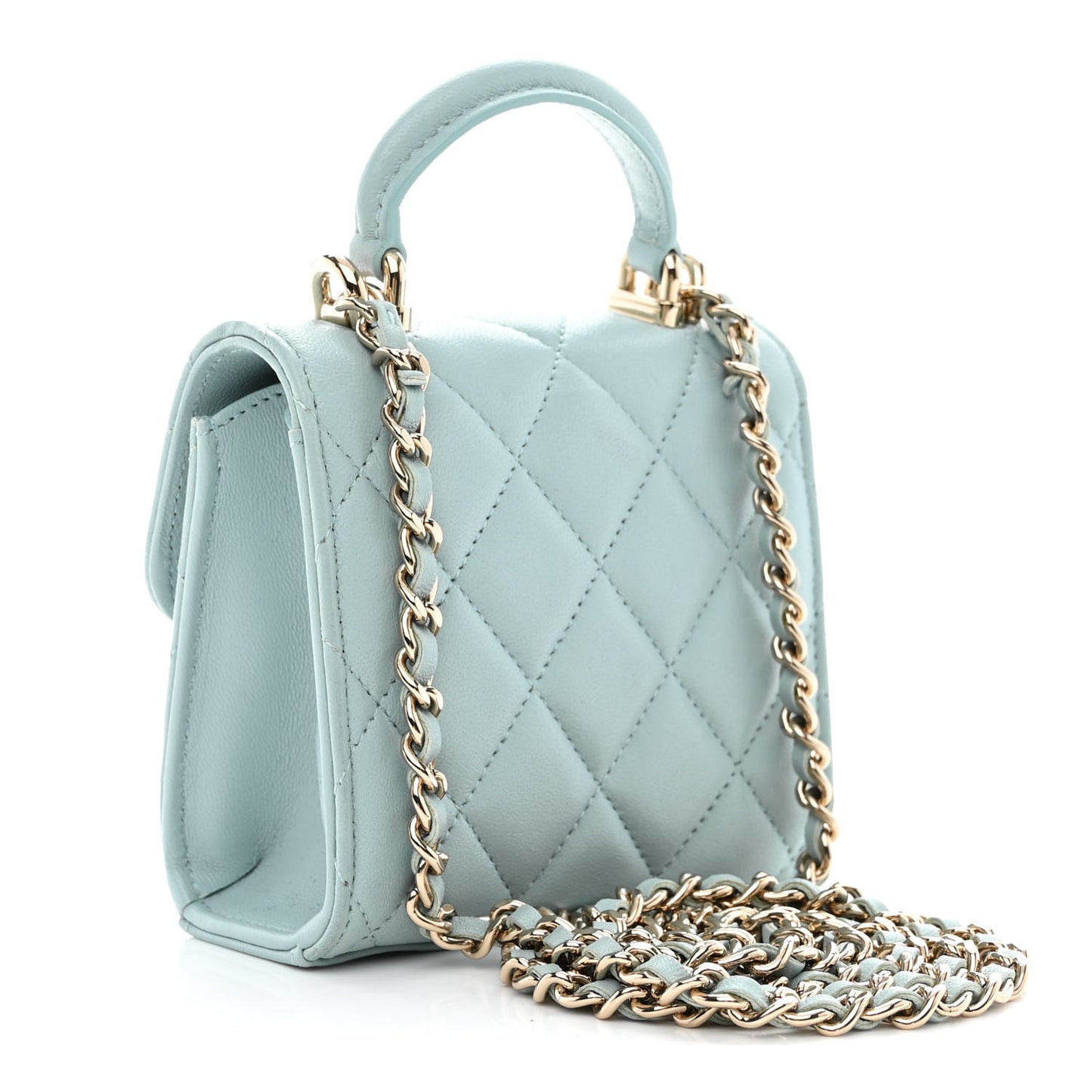 Lambskin Quilted Top Handle Flap Clutch With Chain Light Blue