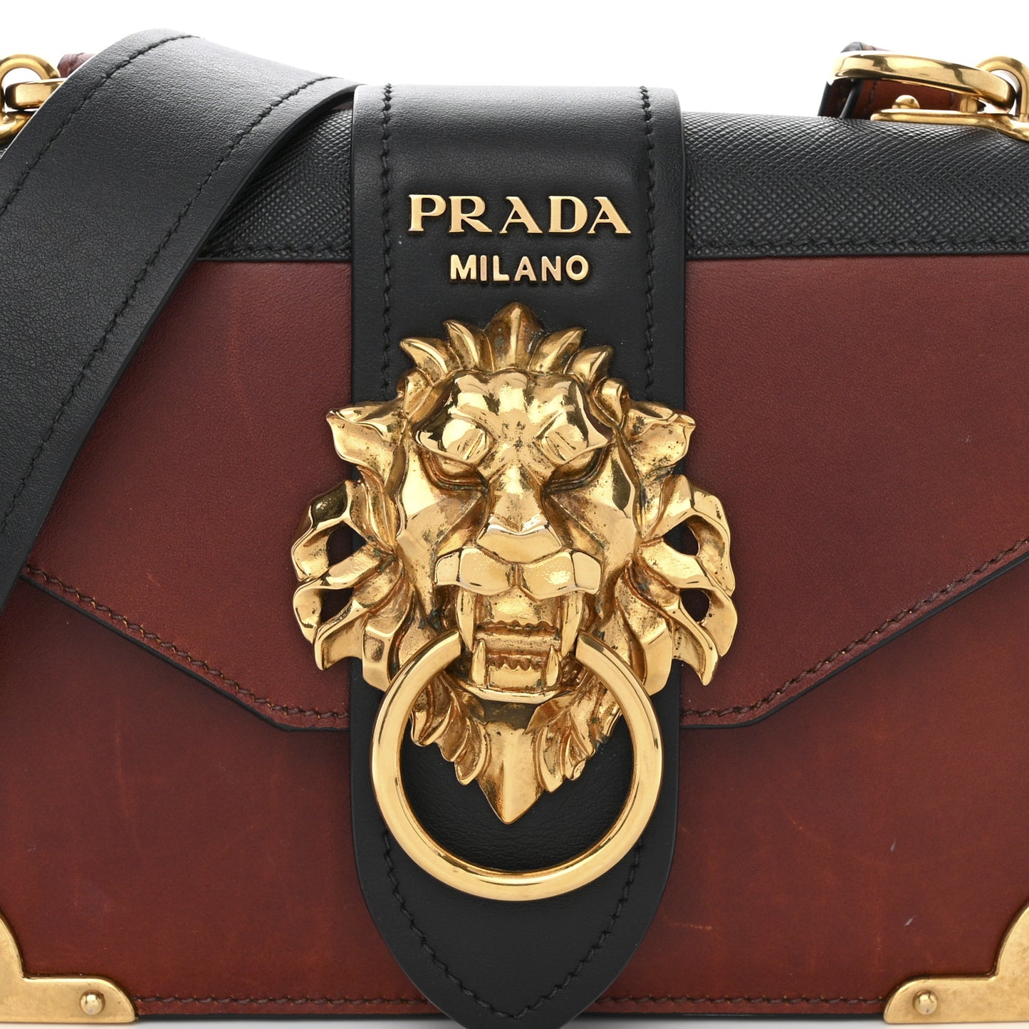 Antic Soft Saffiano Lions Head Cahier Shoulder Bag Cotto Black