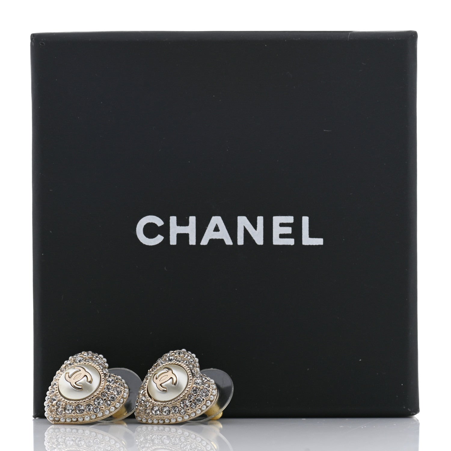 Chanel Pearl Crystal CC Heart Earrings Gold White 5 of 5