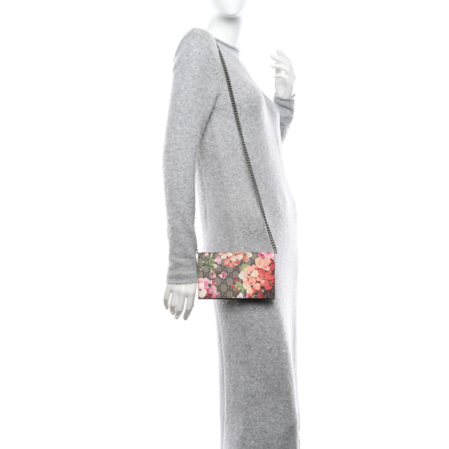 GG Supreme Monogram Blooms Chain Wallet Beige Multicolor Dry Rose