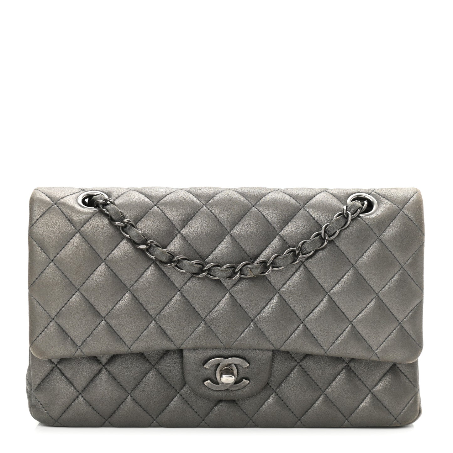 Metallic Lambskin Quilted Medium Double Flap Pewter