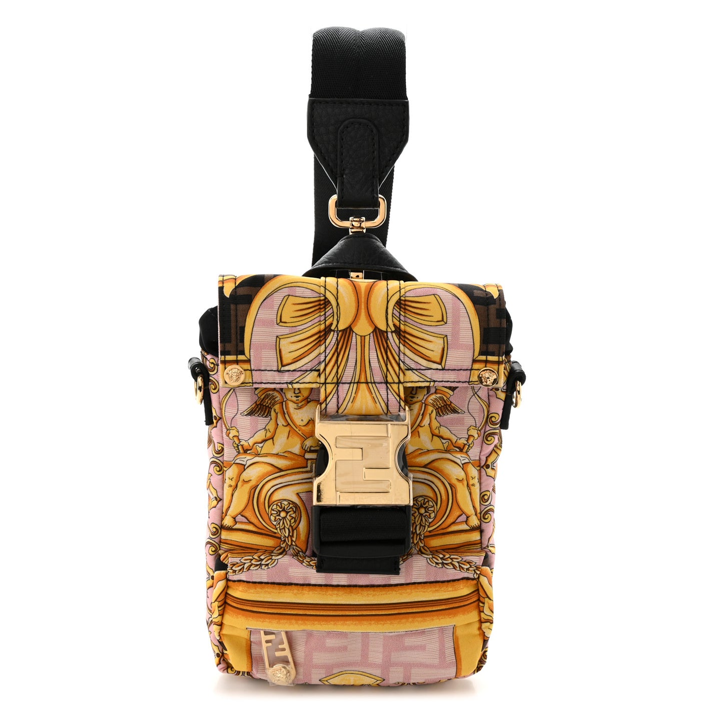 X VERSACE Silk Vitello Fendace FF Baroque Mini Fendiness Backpack Tobacco Pink Gold