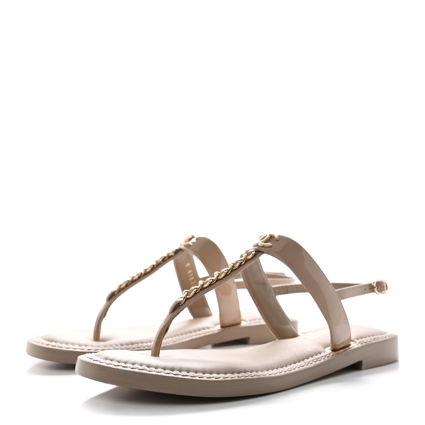 Lambskin Patent Chain CC Logo Thong Sandals 39 Beige
