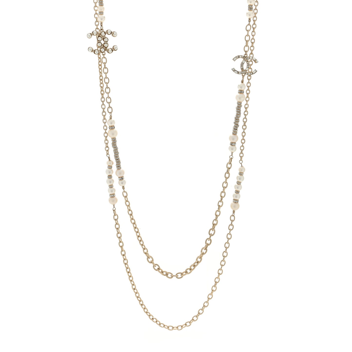 Pearl Crystal CC Long Necklace Gold