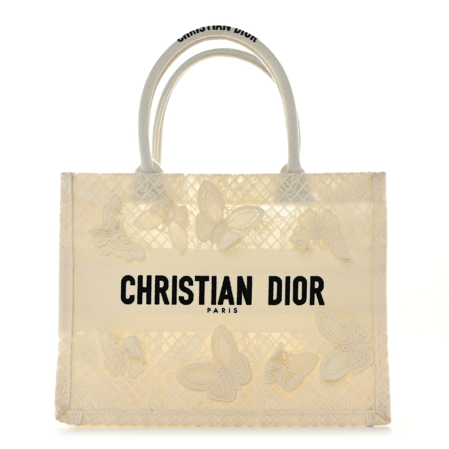Embroidered 3D Macrame D-Lace Butterfly Medium Book Tote White