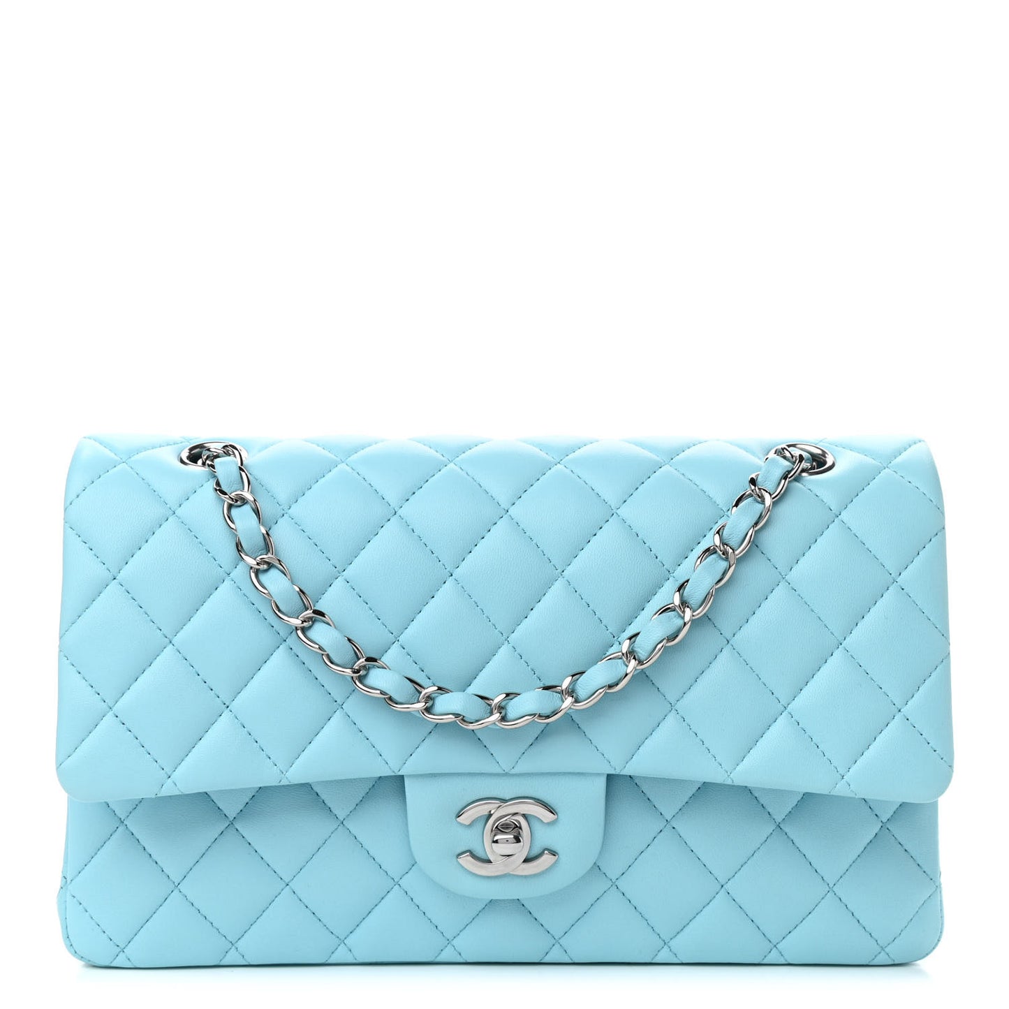 Lambskin Quilted Medium Double Flap Neon Blue