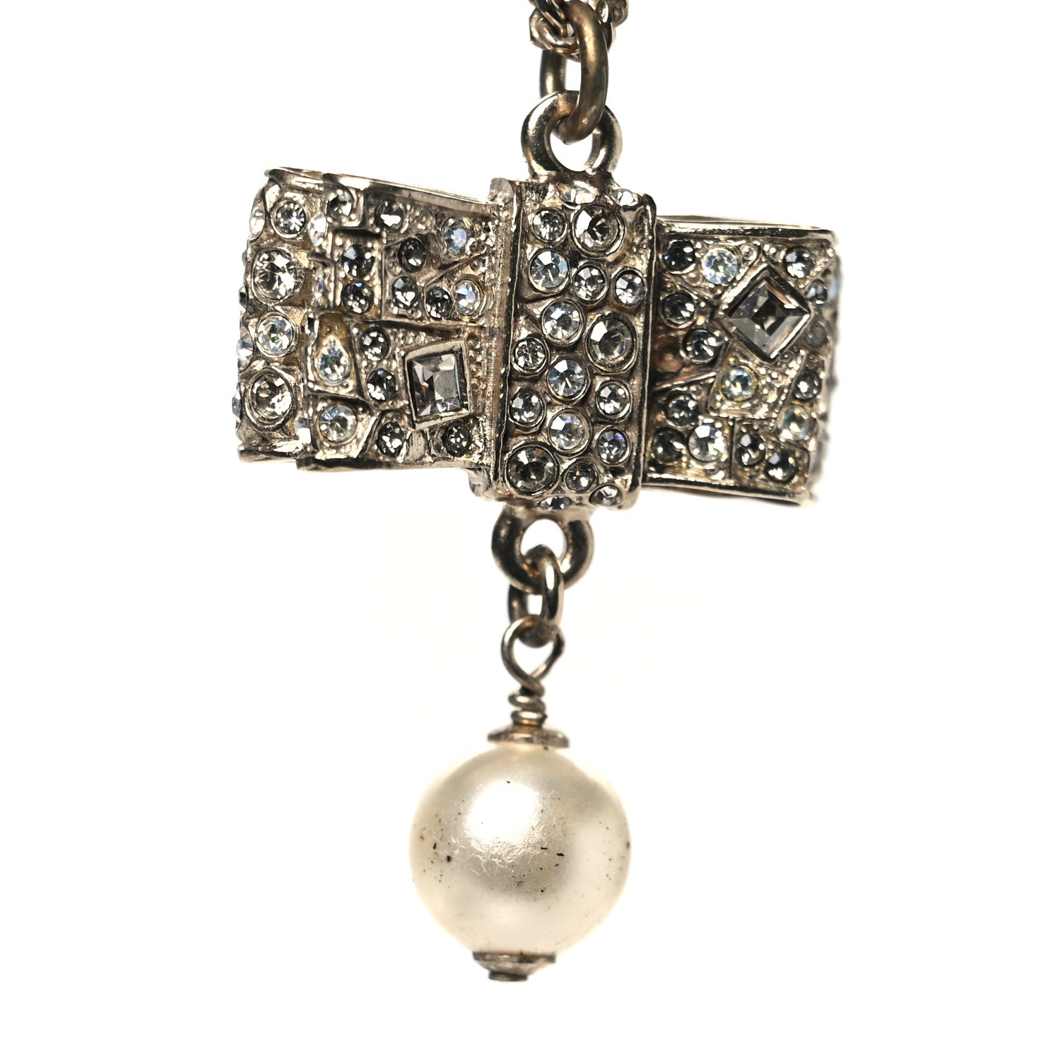 Chanel Metal Crystal Pearl CC Bow Necklace Gold 5 of 6