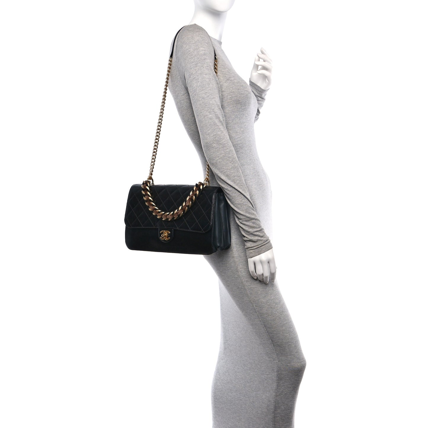 Aged Glazed Calfskin Quilted Straight Lined Flap Black