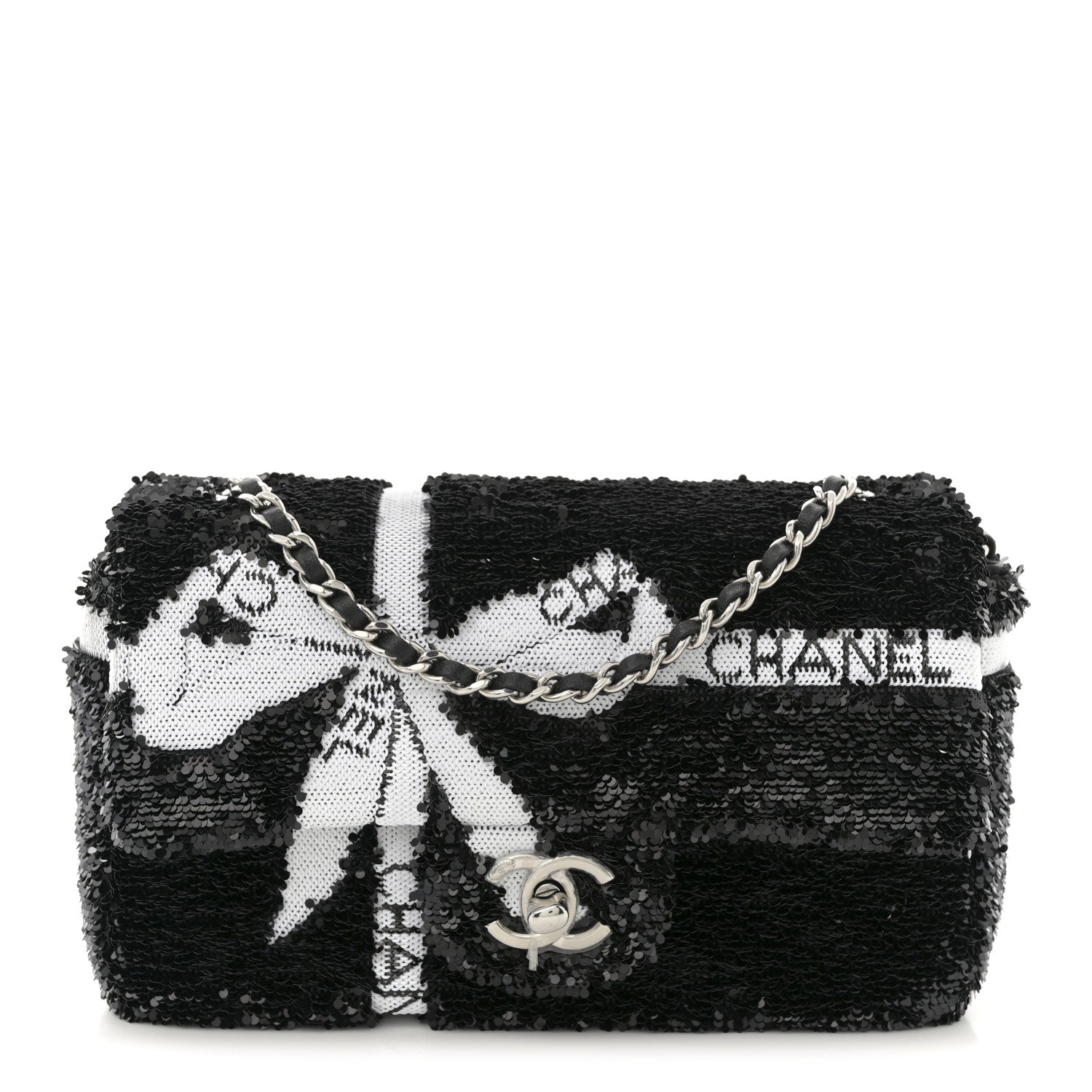 Chanel Sequin Ribbon Mini Rectangular Flap Black White 1766134