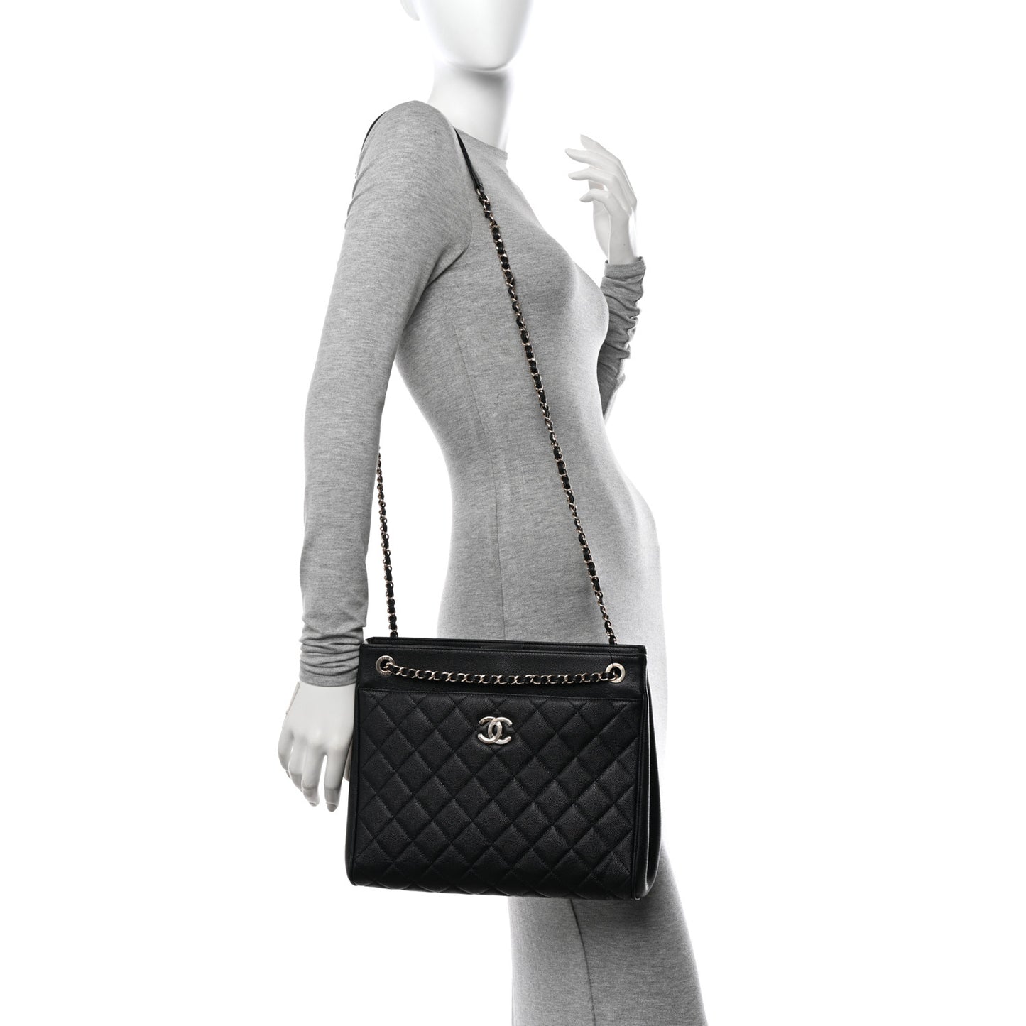 Caviar Quilted In Out Flap Shopping Tote Black