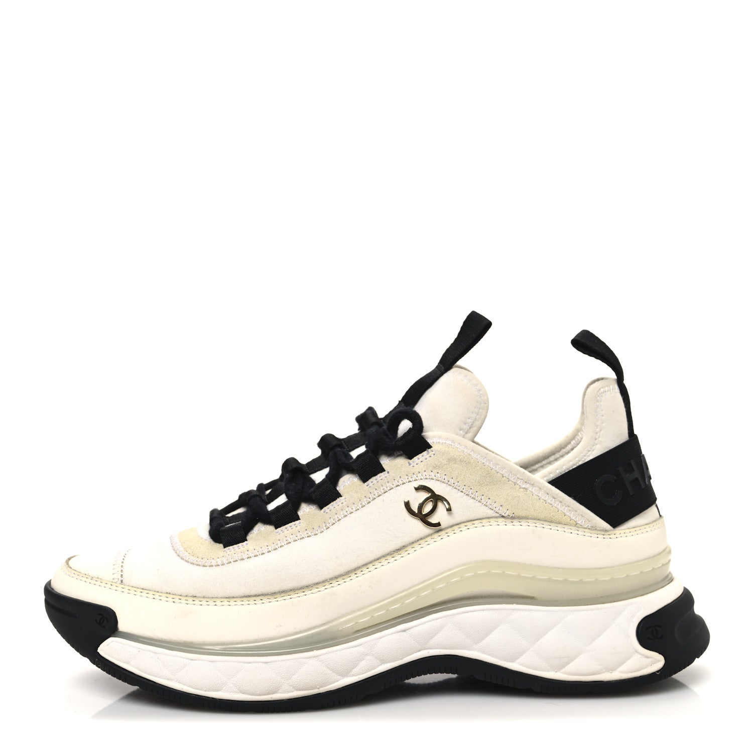 Chanel Velvet Calfskin Mixed Fibers CC Sneakers 38 Ivory Black