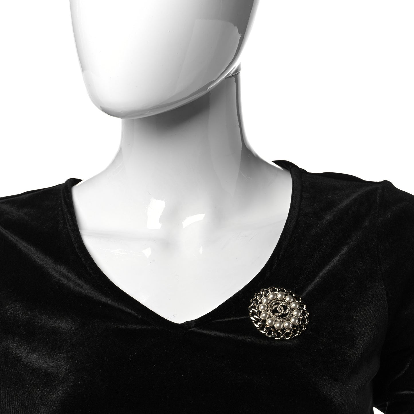 Crystal Chain Pearl Round CC Brooch Gold