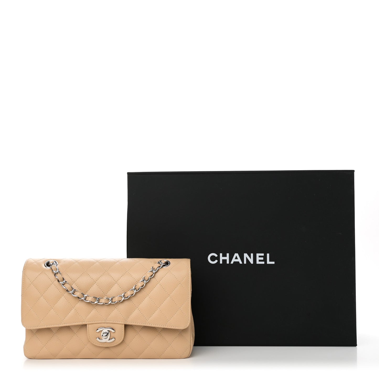Caviar Quilted Medium Double Flap Beige