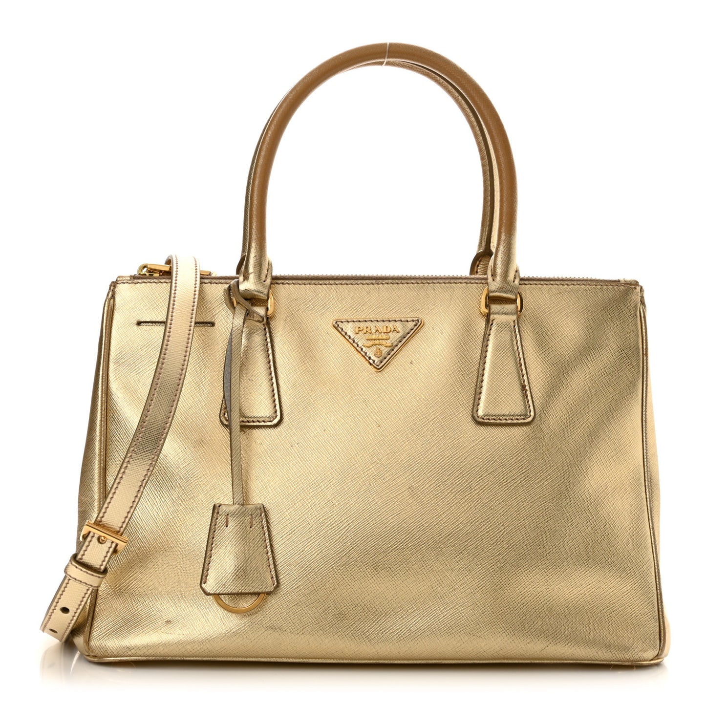 Metallic Saffiano Small Galleria Double Zip Tote Platino