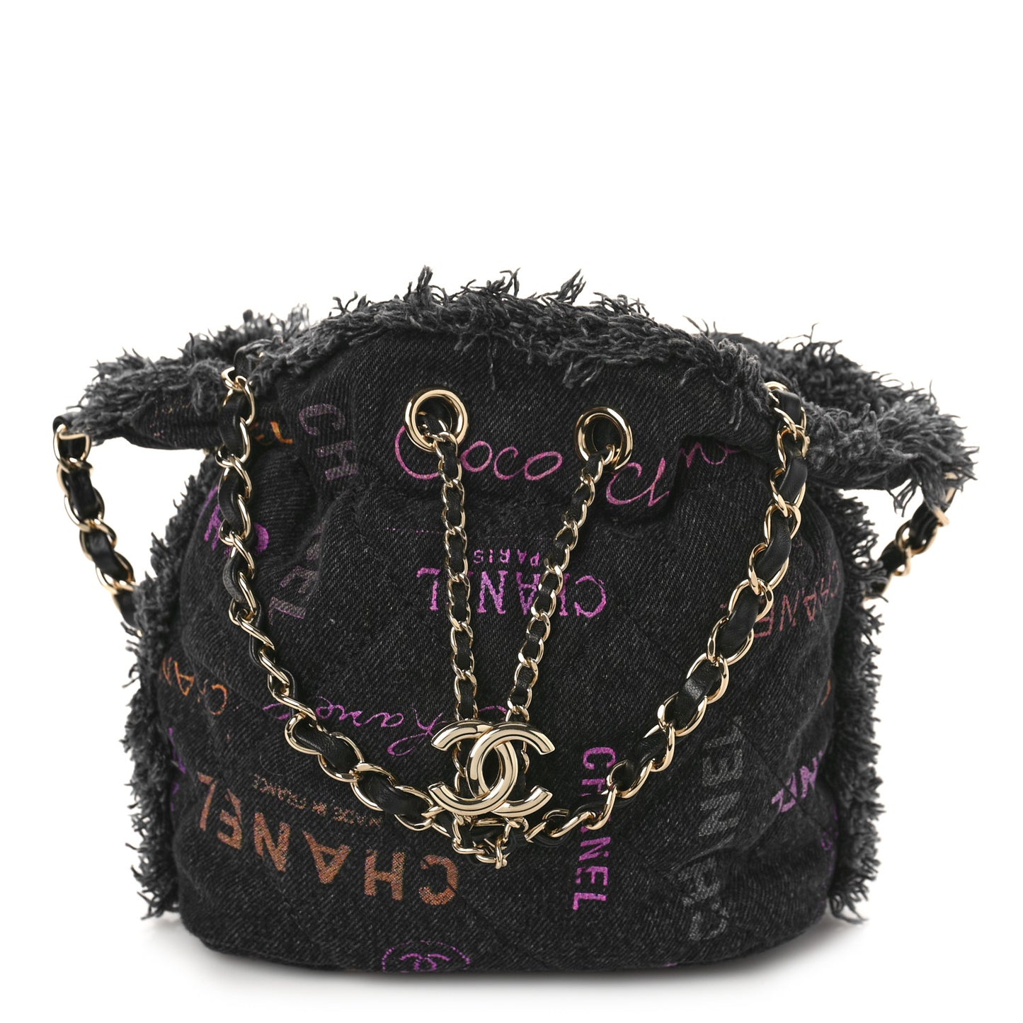 Denim Quilted Mood Bucket With Chain Black Multicolor