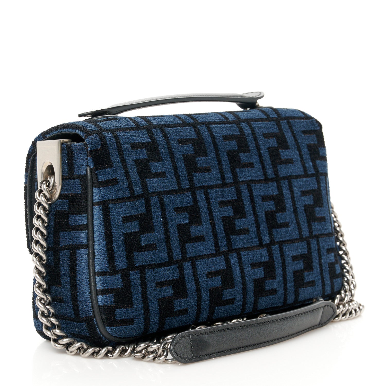 Fendi Chenille Vitello Seta FF Midi Chain Baguette Blue Black 3 of 11