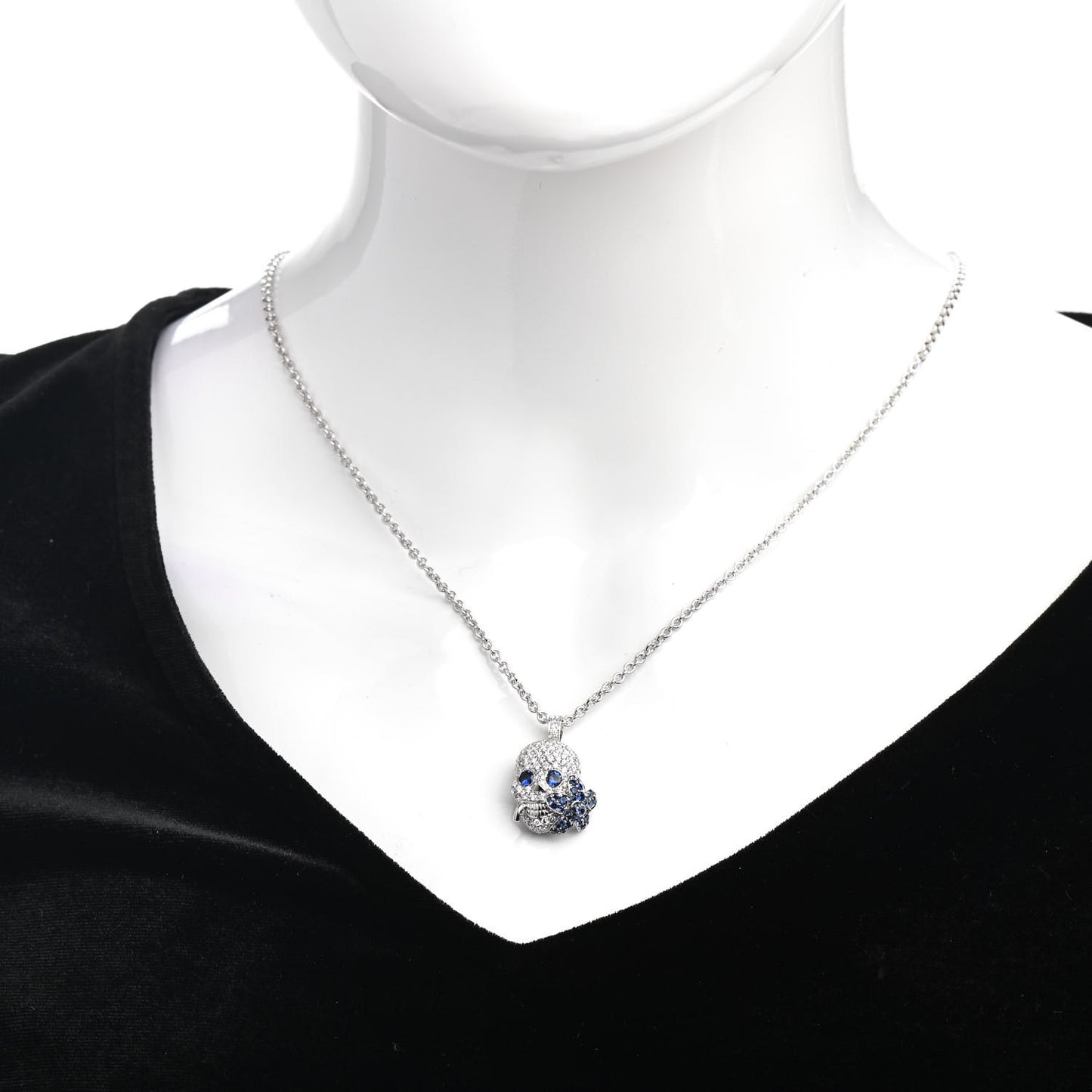 18K White Gold Diamond Blue Sapphire Skull Pendant Necklace