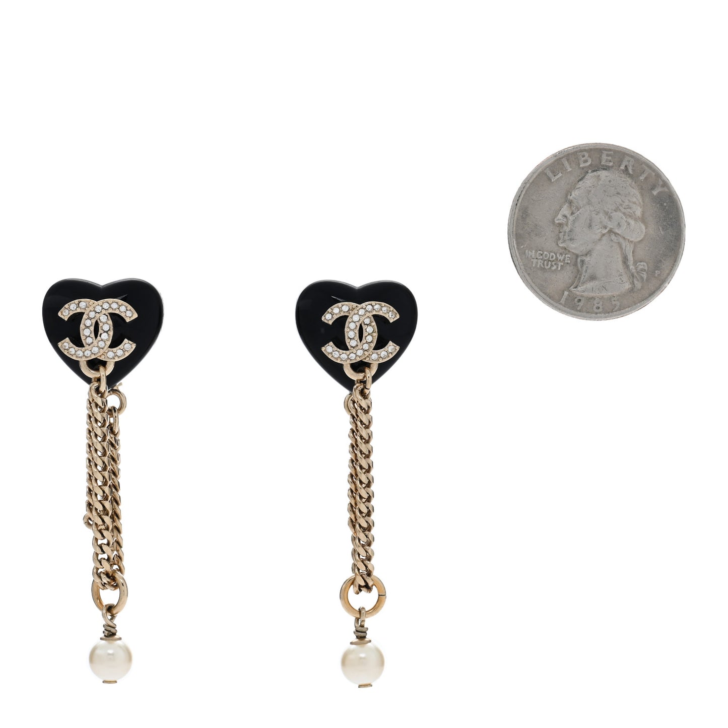 Resin Crystal Pearl CC Heart Chain Drop Earrings Black Gold