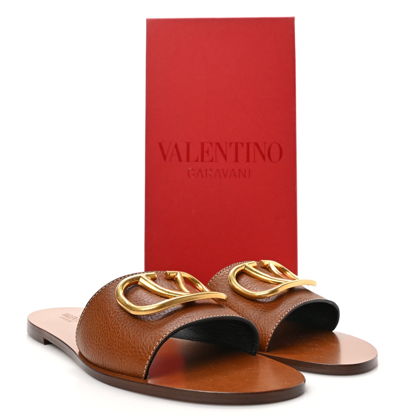 Grainy Cowhide Vlogo Flat Slide Sandals 42 Cuoio