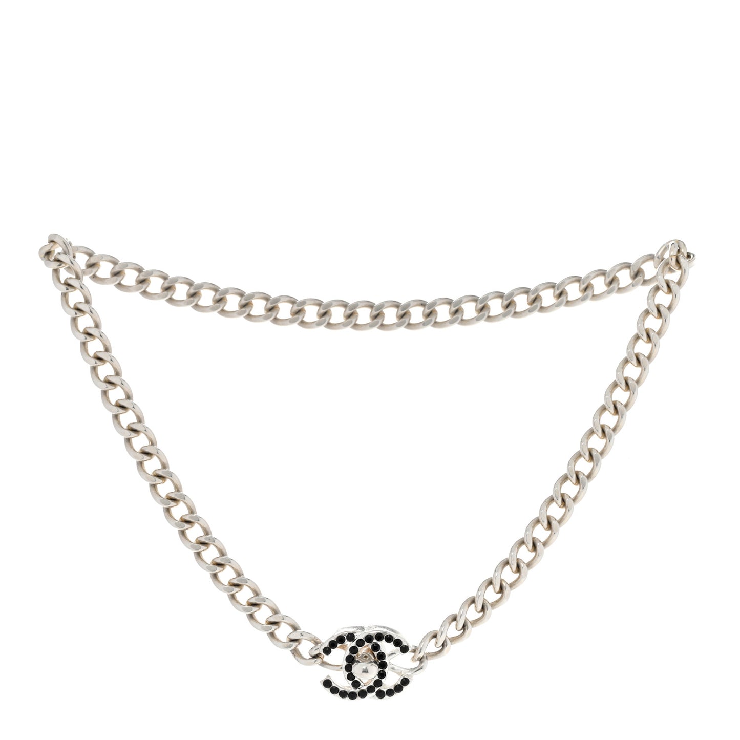 Crystal Chain Link CC Turn Lock Choker Necklace Silver Black