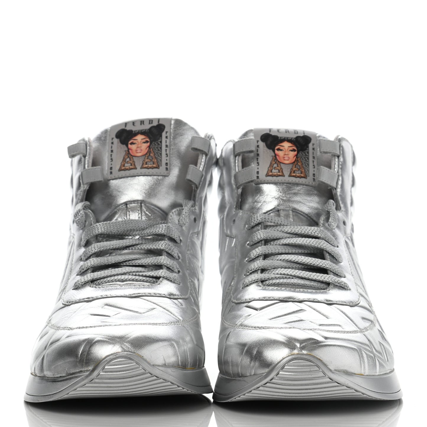 X NICKI MINAJ Metallic Nappa Macro FF Embossed Prints On High Top Sneakers 40 Silver