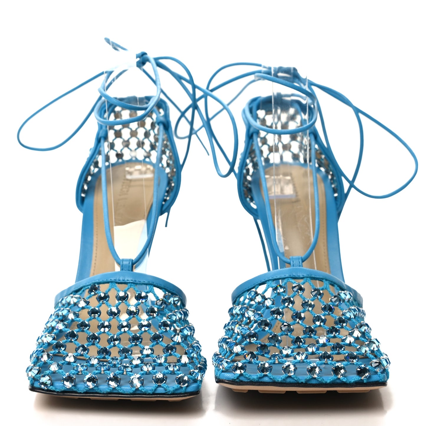Mesh Nappa Crystal Embellished Sparkle Stretch Ankle Tie 90mm Sandals 38 Pool
