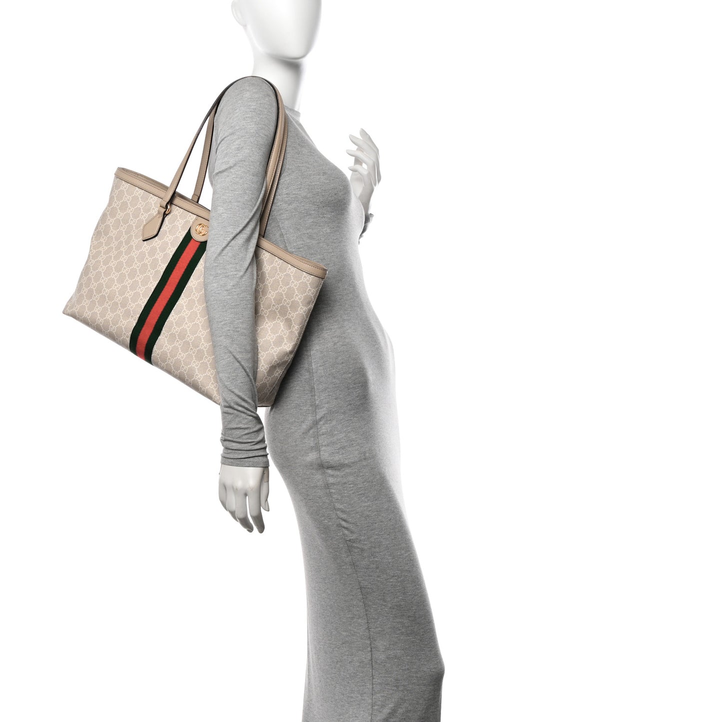 GG Supreme Monogram Textured Dollar Calfskin Web Medium Ophidia Shopping Tote Beige Mystic White Oatmeal