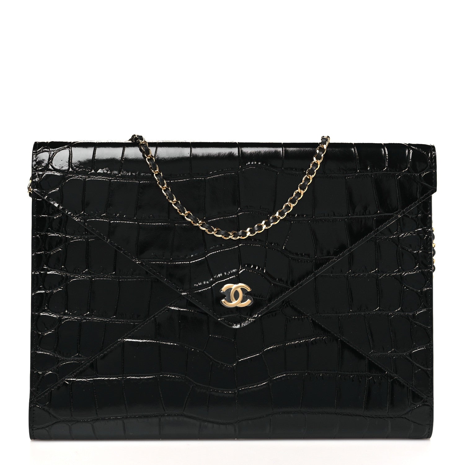 Chanel Calfskin Crocodile Embossed Croc Illusion Clutch With Chain