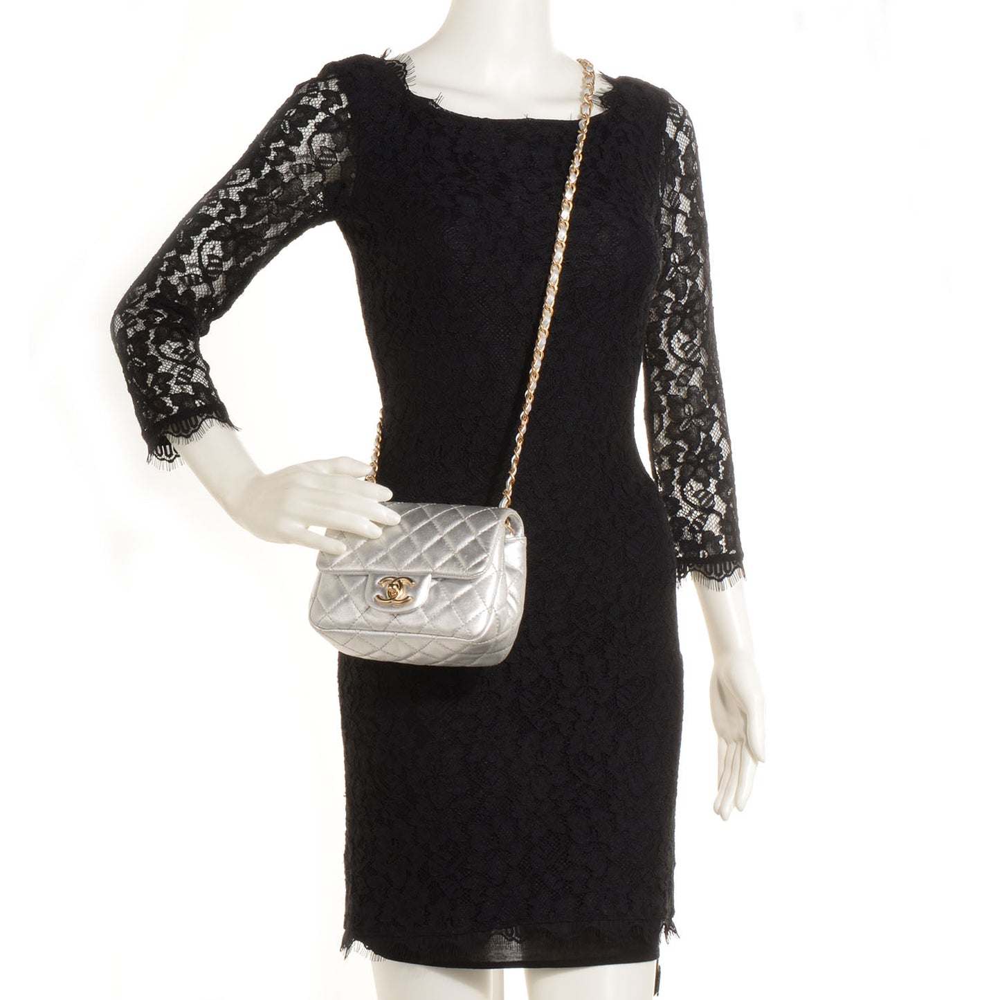 Metallic Lambskin Quilted Mini Square Flap Silver
