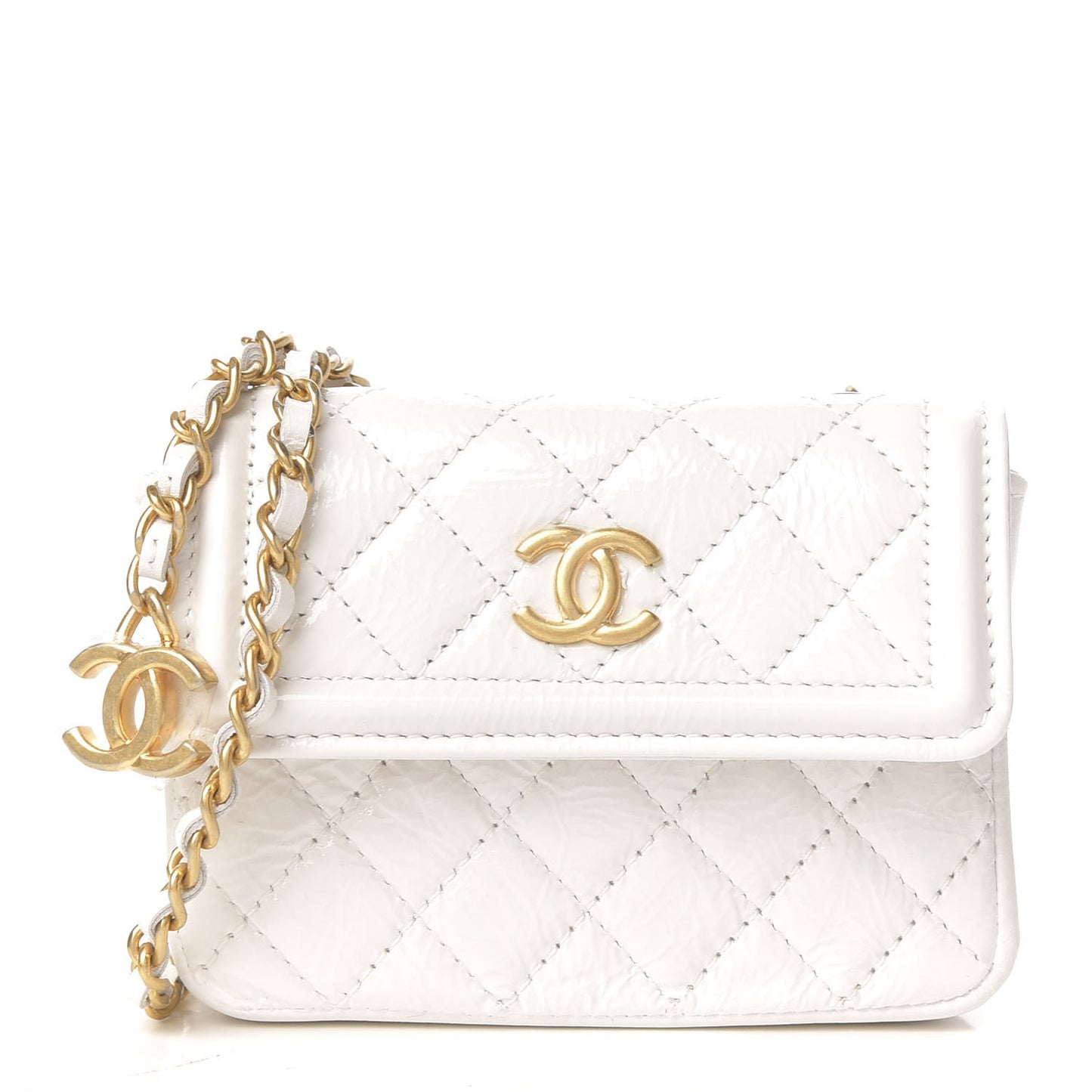 Shiny Aged Calfskin Quilted Waist Belt Bag White