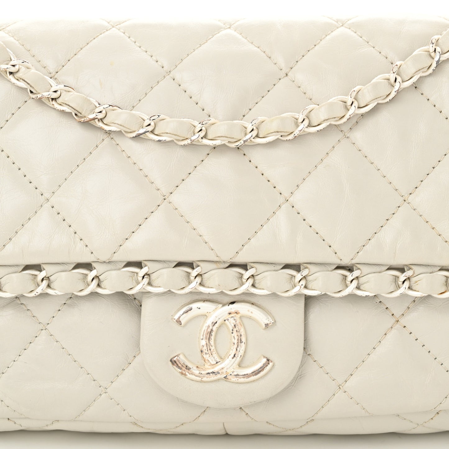 Calfskin Quilted Medium Chain Me Flap White