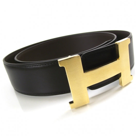 Leather Mens Belt w/ Gold H Buckle Black