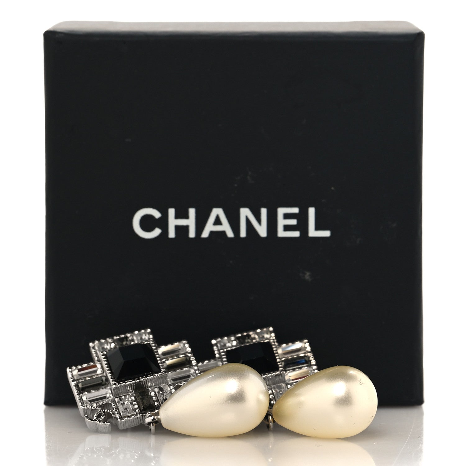 Chanel Crystal Baguette Pearl Cross Drop Earrings Grey Black Silver 5 of 5