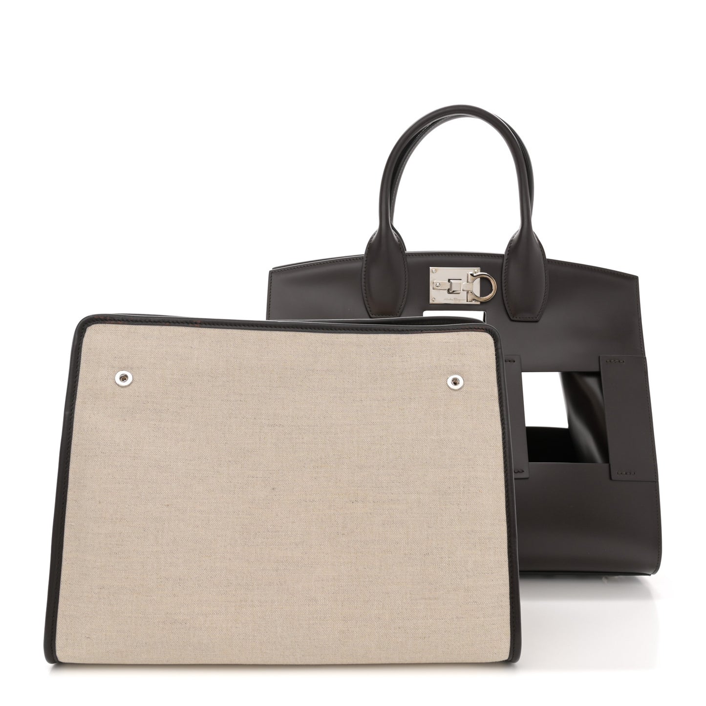 Hickory Calfskin Canvas Cutout The Studio Box Bag Beige Brown