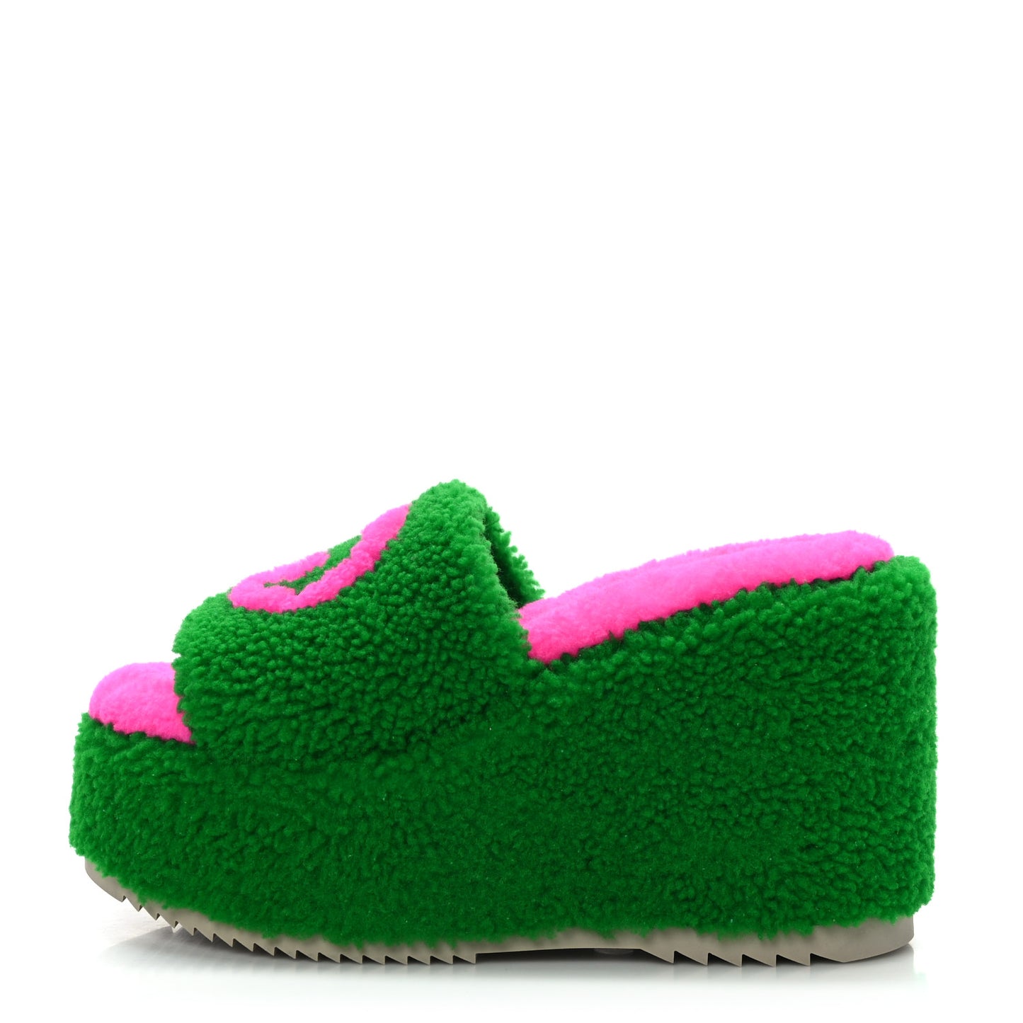 Shearling Interlocking G Womens Elea Platform Slide Wedge Sandals 37 Green Fluo Fuxia Fluo