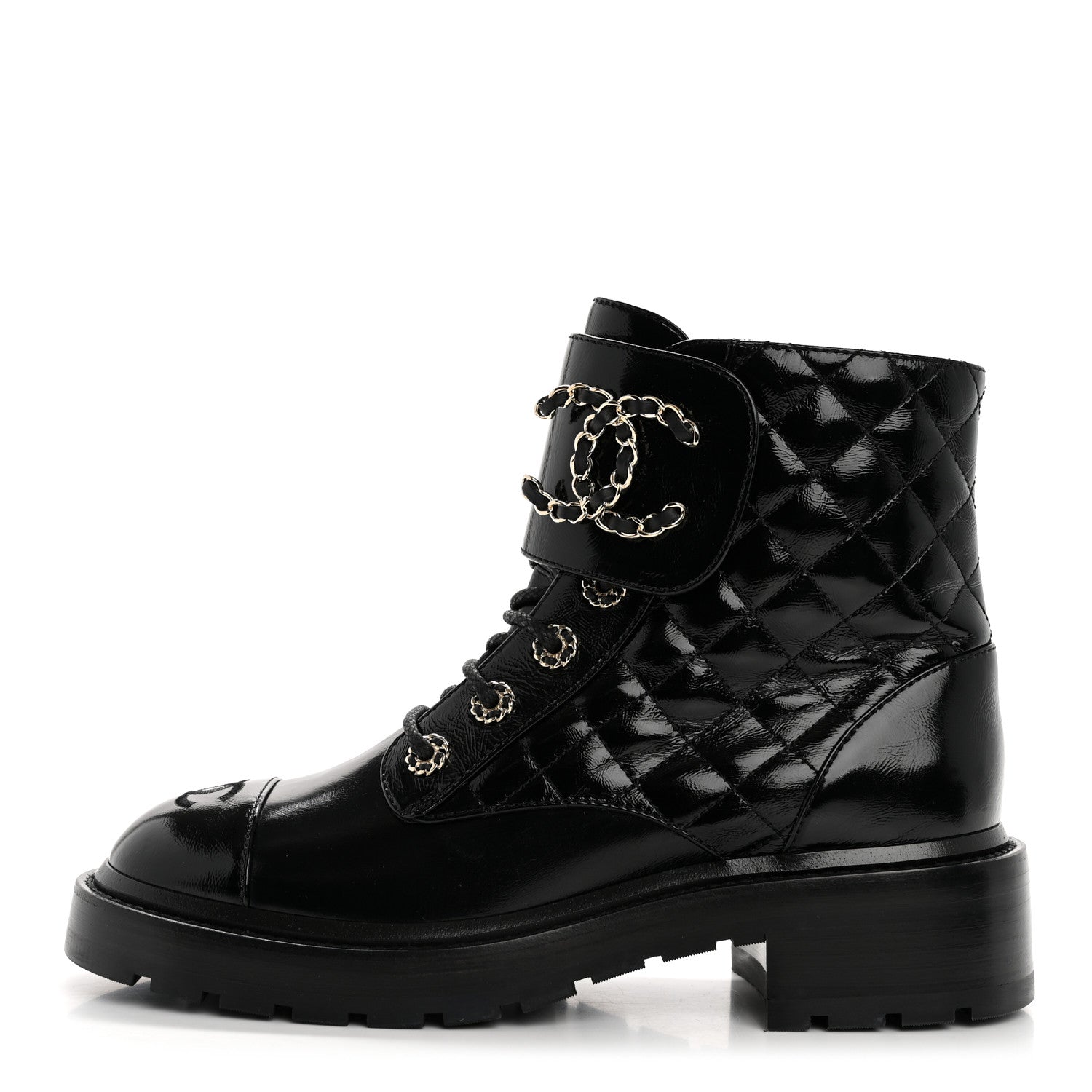 Chanel Shiny Calfskin Quilted Lace Up Combat Boots 38 Black - Main Image