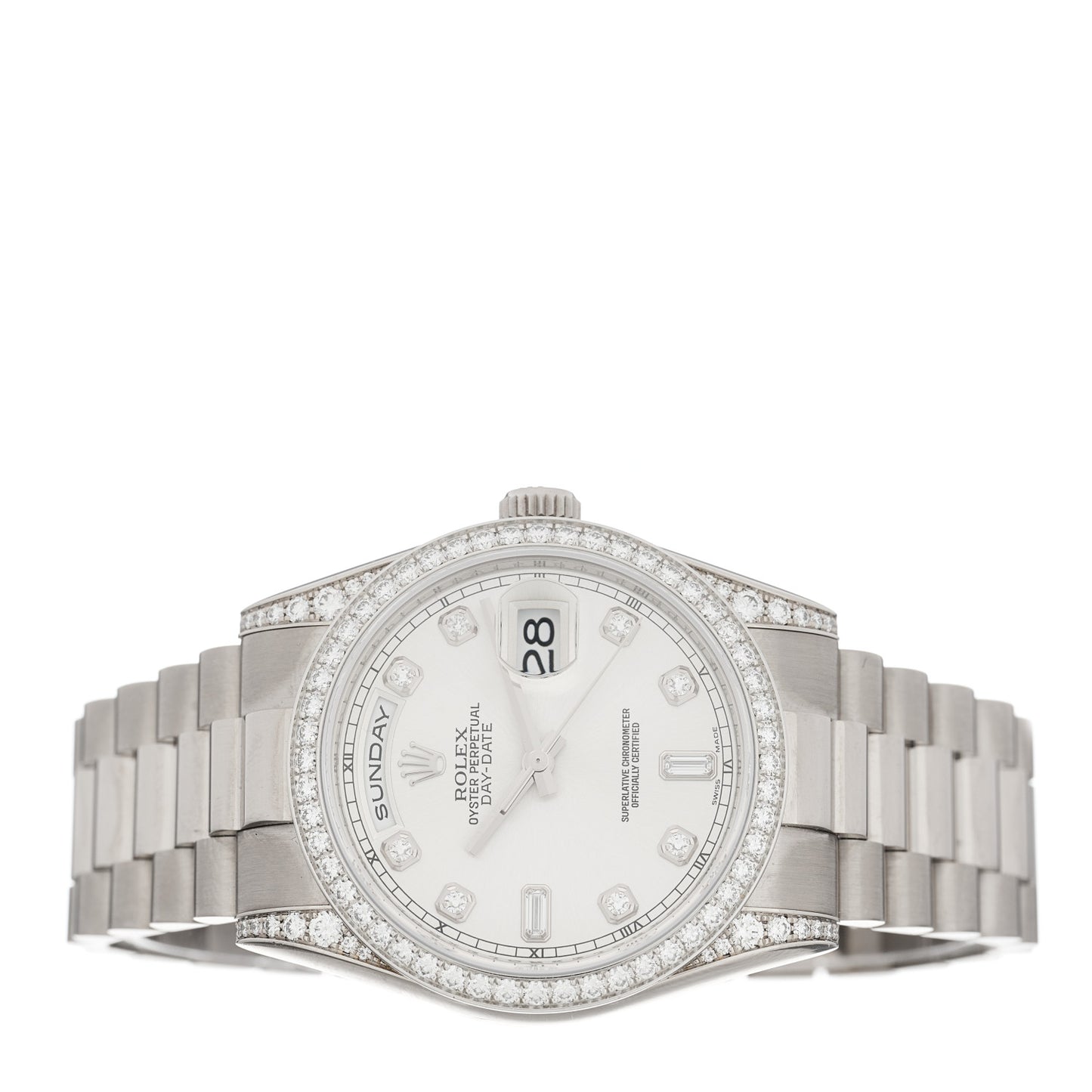 18K White Gold Diamond Bezel 36mm Oyster Perpetual Day-Date President Watch Silver 118389